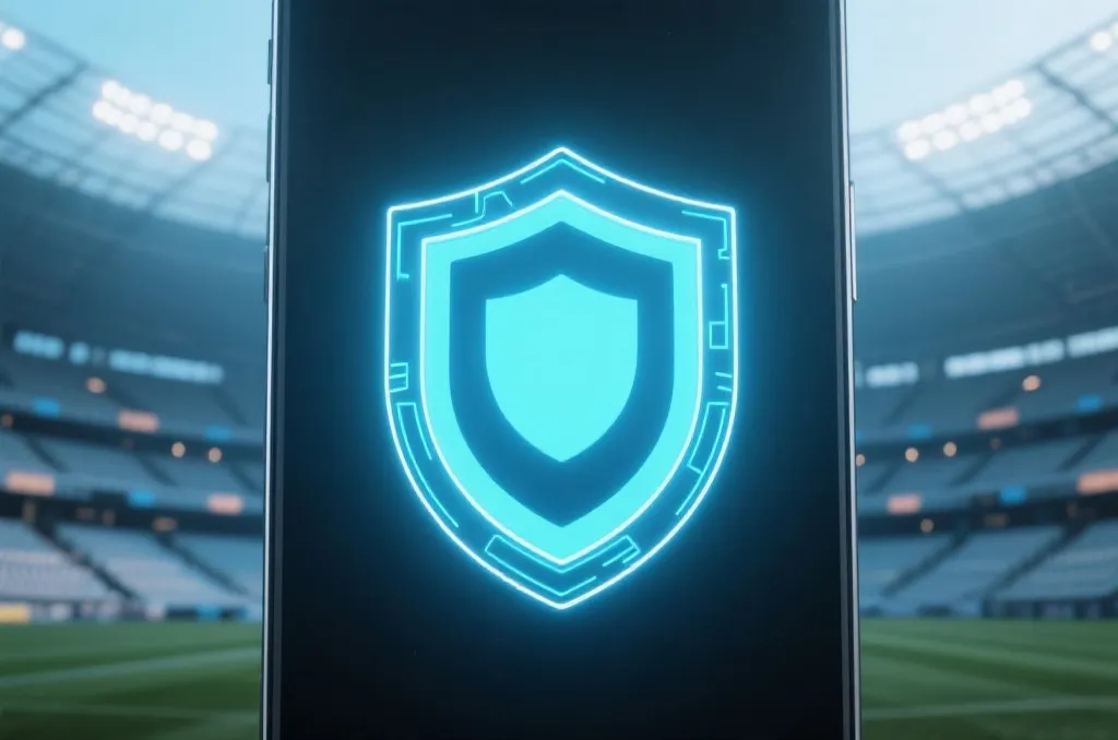 A glowing digital shield icon overlaid on a clean, abstract stadium background, representing mobile cybersecurity, professional design